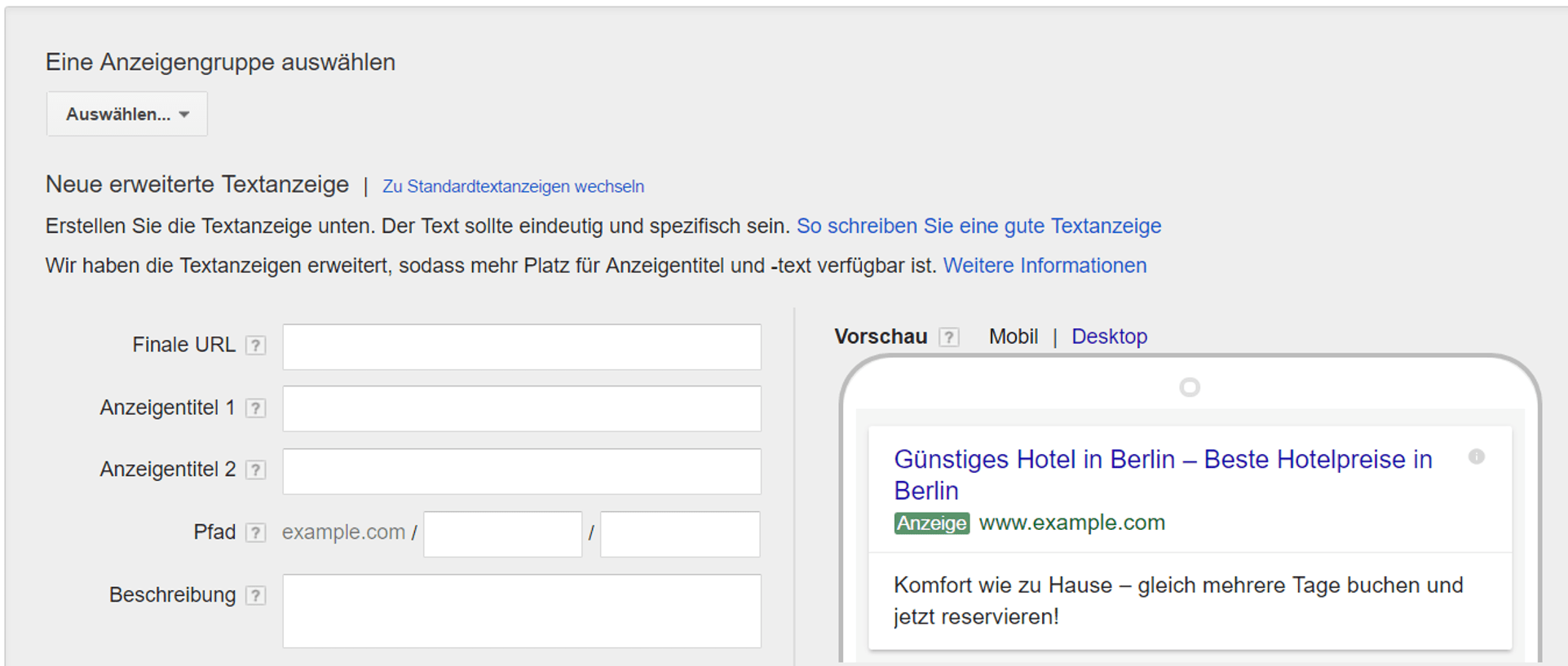 Wechsel zu Standard-Textanzeigen