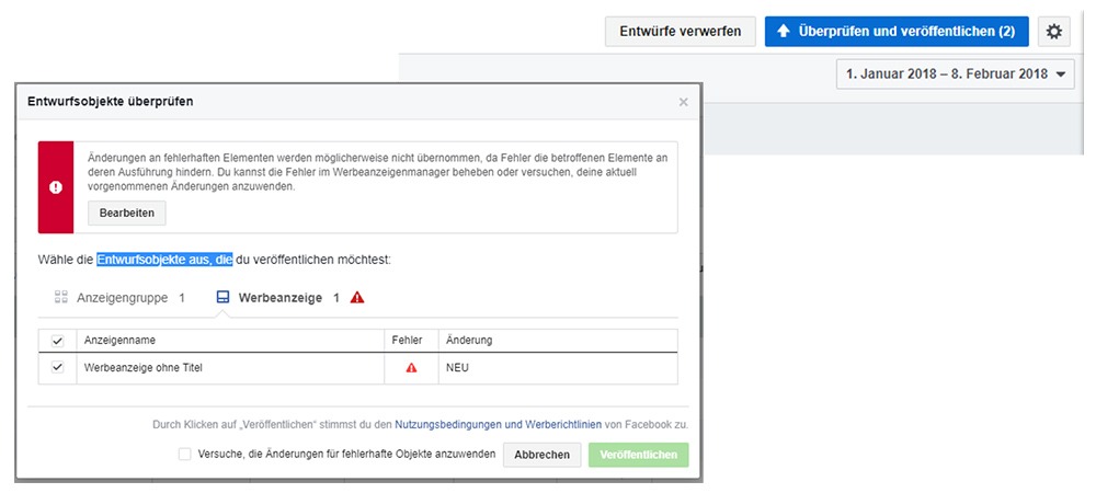 Facebook Werbeanzeigenmanager Entwürfe